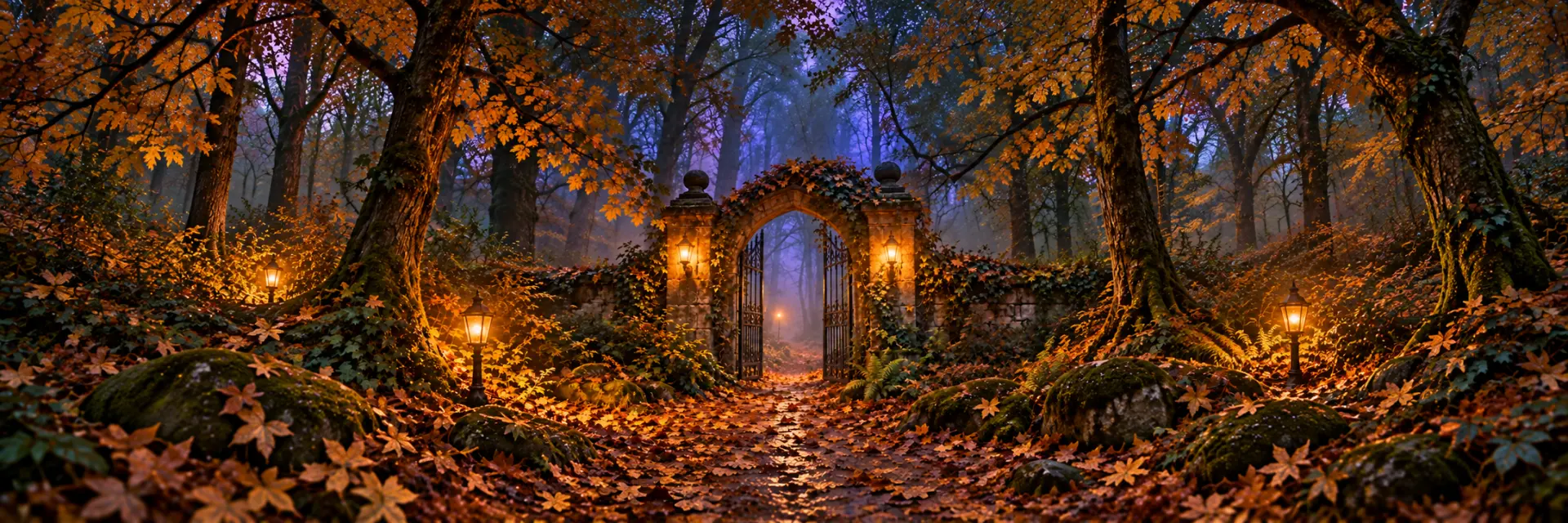 Een open bospoort tussen herfstbomen in gouden lantaarnlicht en mist, voor het Samhain-webinar